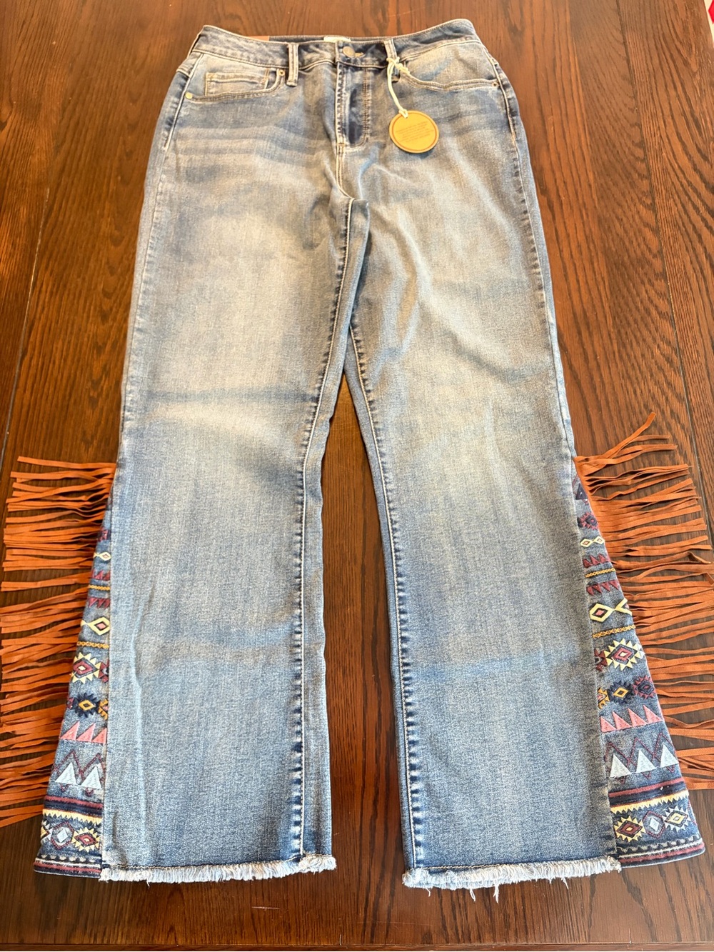 Ciara Flare By Driftwood Wide Leg Jeans Embroidered Fringe Size 4